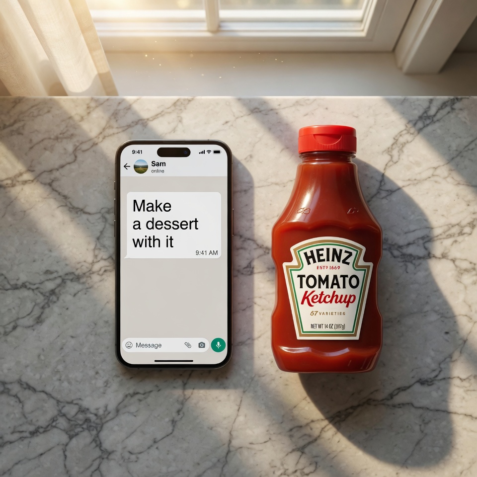 A phone showing a WhatsApp challenge message next to a jar of ketchup