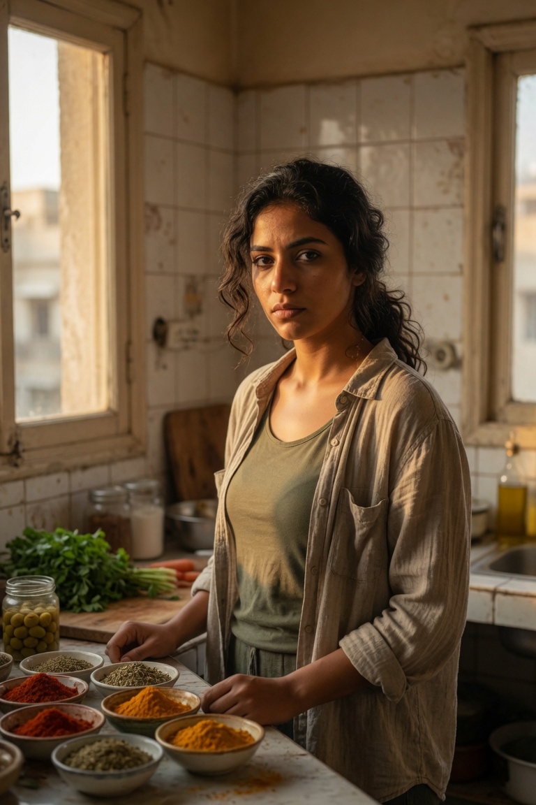 A chef in a rustic kitchen surrounded by colorful spices and fresh ingredients
