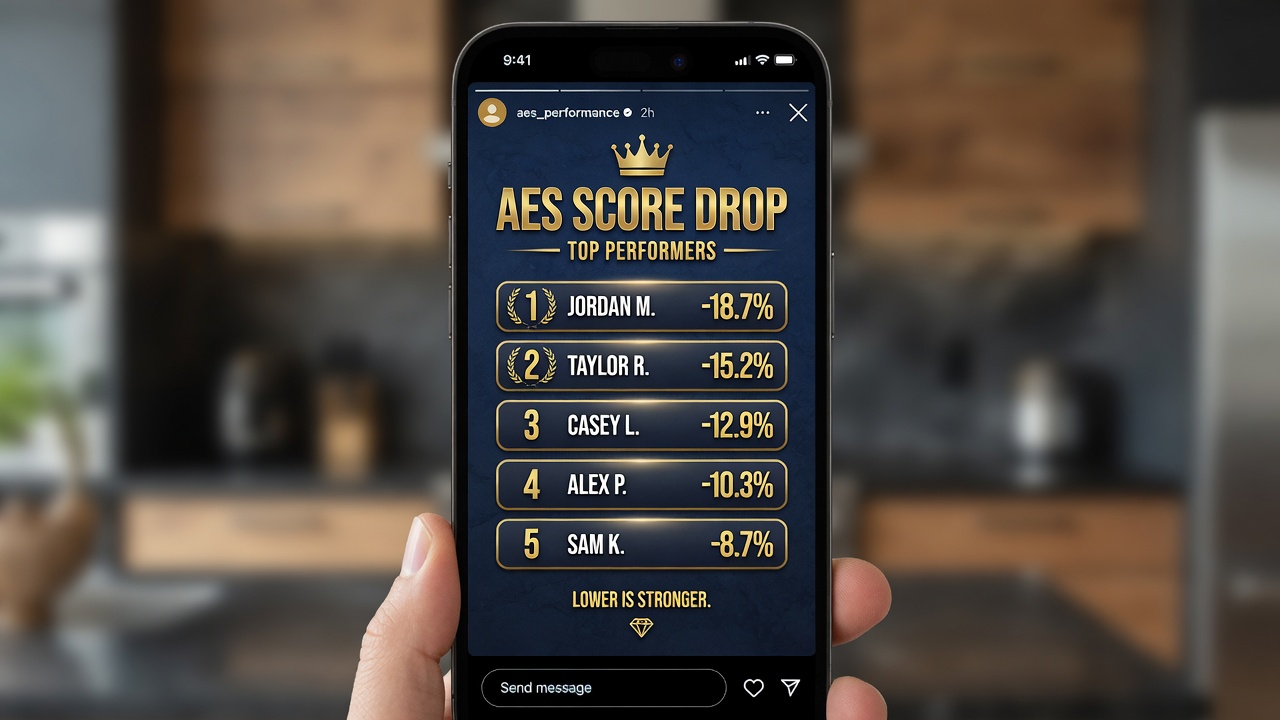 AES Score Drop leaderboard shown on an iPhone screen — top performers ranked by engagement score