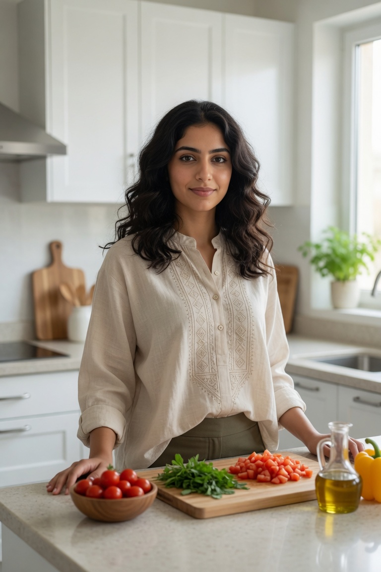 A chef in a bright white modern kitchen with fresh tomatoes and herbs
