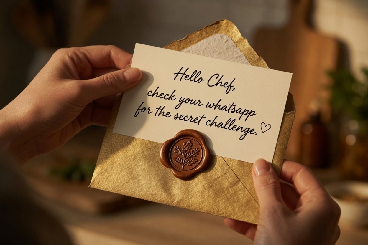 A handwritten note inside a gold wax-sealed envelope: Hello Chef, check your whatsapp for the secret challenge