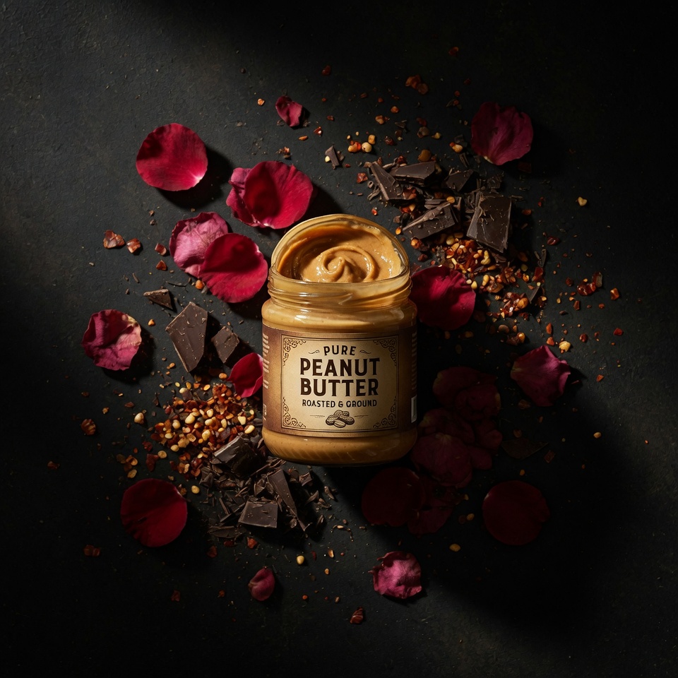 A jar of pure peanut butter surrounded by chocolate pieces and rose petals on a dark kitchen counter