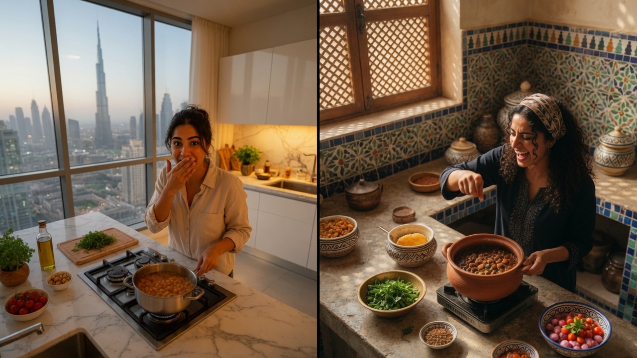 Both chefs reacting with surprise in their respective kitchens during the challenge